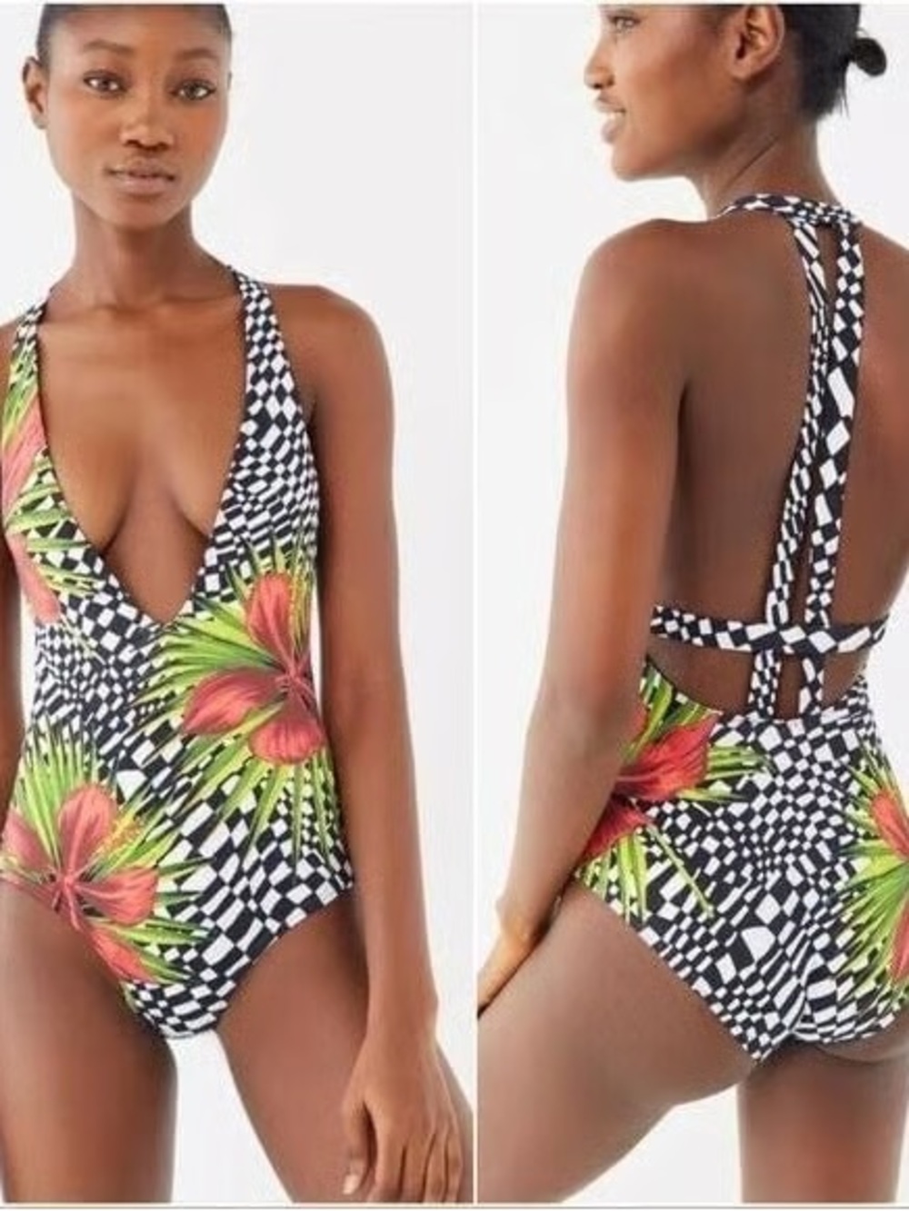 NEW Urban Outfitters plunging v neckline tropical floral one piece swimsuit